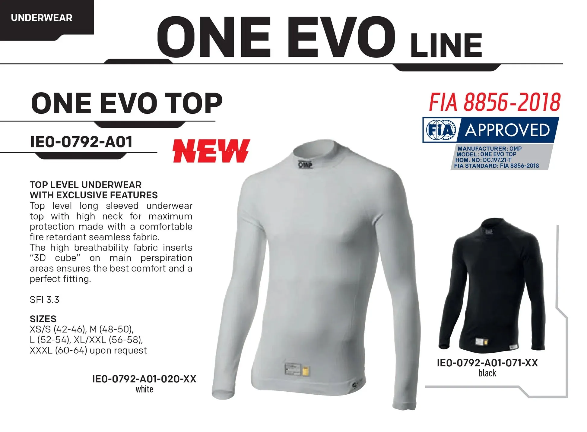 OMP ONE EVO Top / Pants Fireproof Underwear [FIA 8856-2018] Black or White