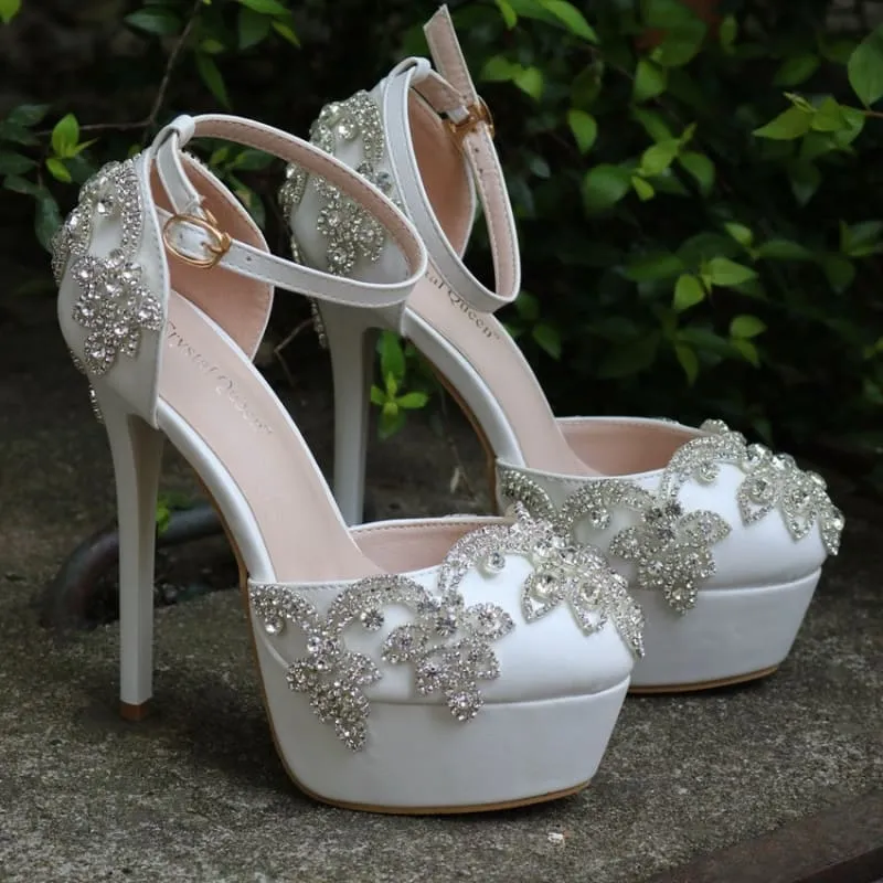 Ornate White Rhinestone Wedding Shoes with Ankle Strap