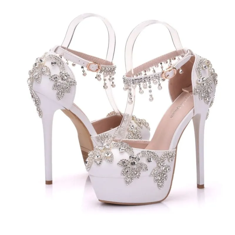 Ornate White Rhinestone Wedding Shoes with Ankle Strap