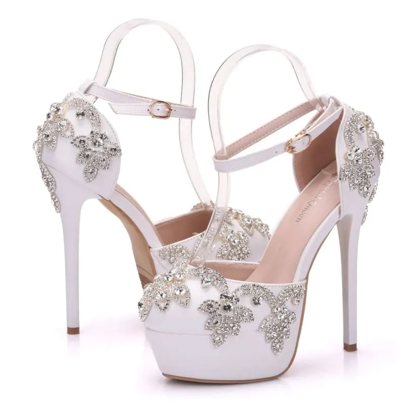 Ornate White Rhinestone Wedding Shoes with Ankle Strap