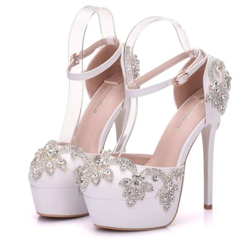 Ornate White Rhinestone Wedding Shoes with Ankle Strap