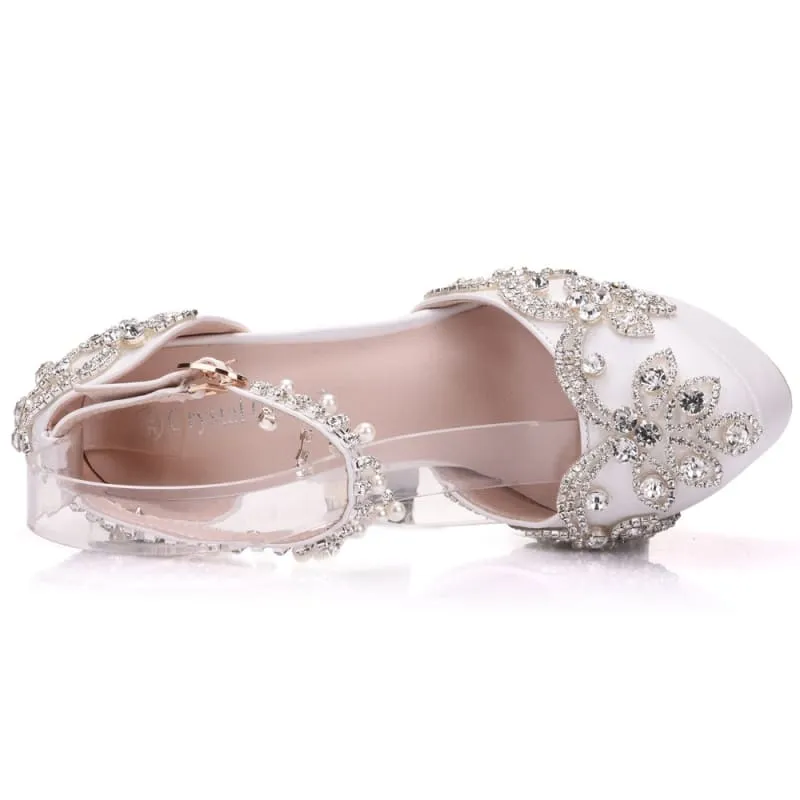 Ornate White Rhinestone Wedding Shoes with Ankle Strap