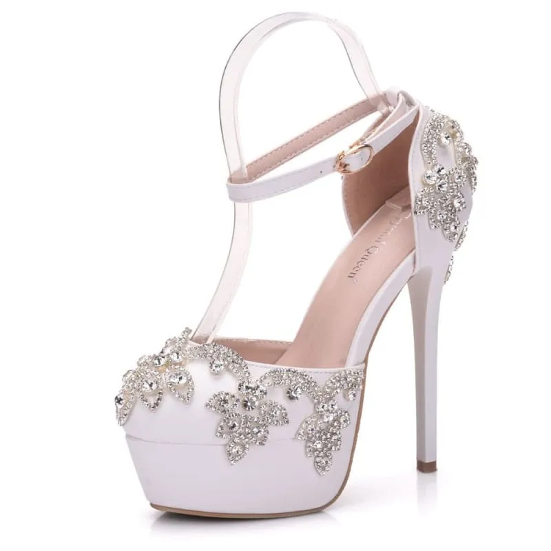 Ornate White Rhinestone Wedding Shoes with Ankle Strap