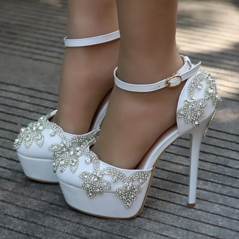 Ornate White Rhinestone Wedding Shoes with Ankle Strap