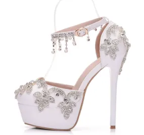 Ornate White Rhinestone Wedding Shoes with Ankle Strap