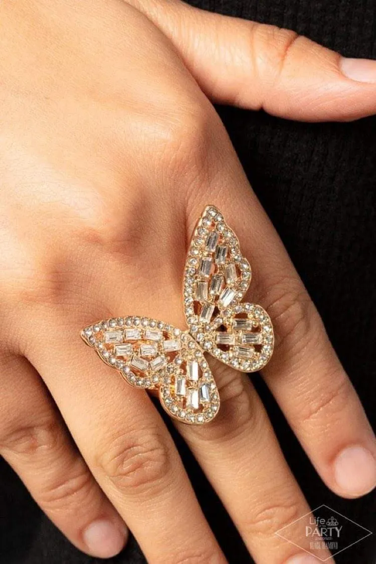 Paparazzi Flauntable Flutter - Gold Ring - Black Diamond Life of The Party Exclusive