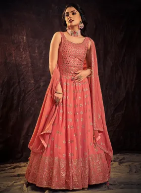 Peach Coral Mirror Work Embroidery Anarkali Gown