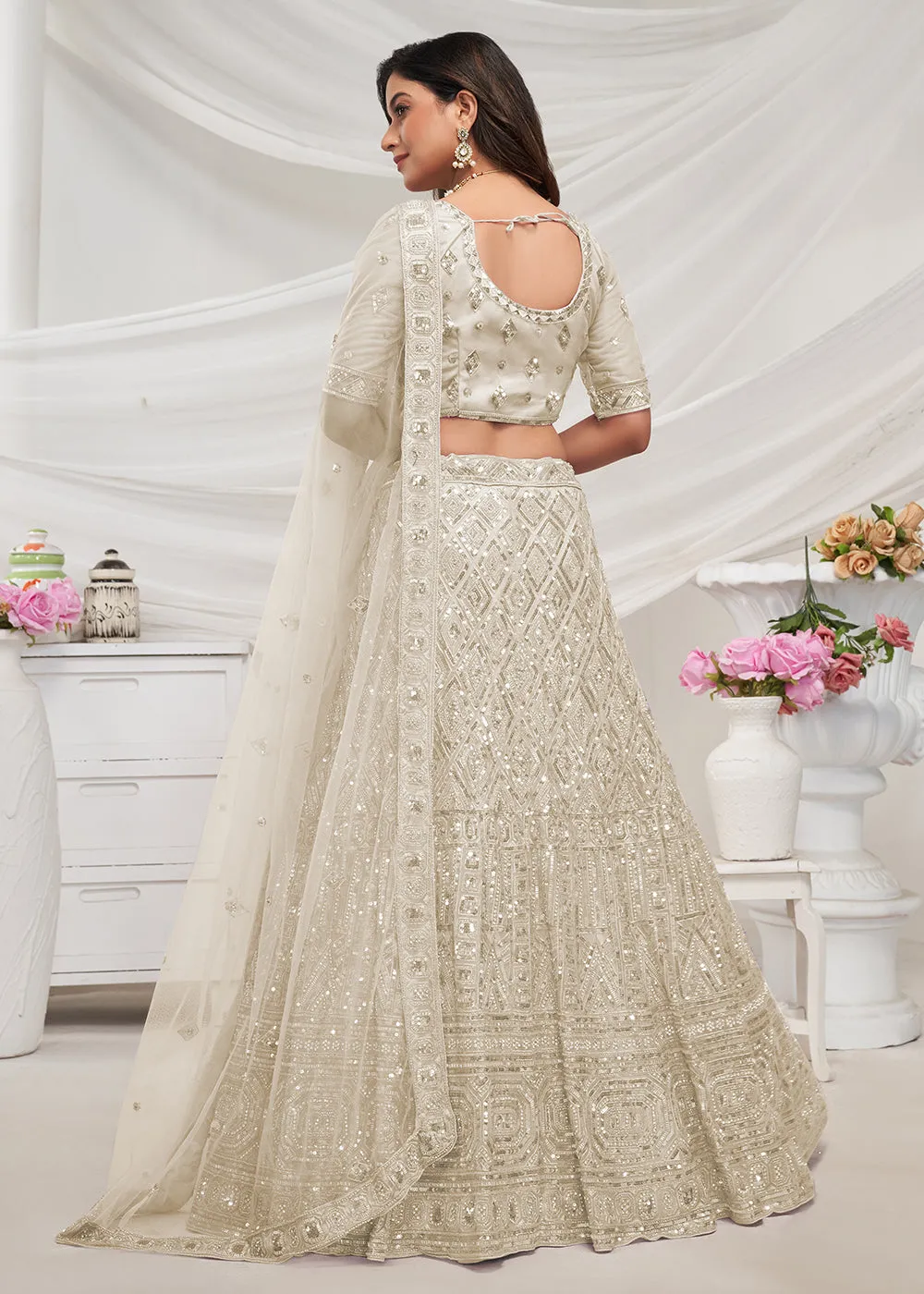 Pearled Ivory White Heavy Embroidered Bridal Lehenga Choli