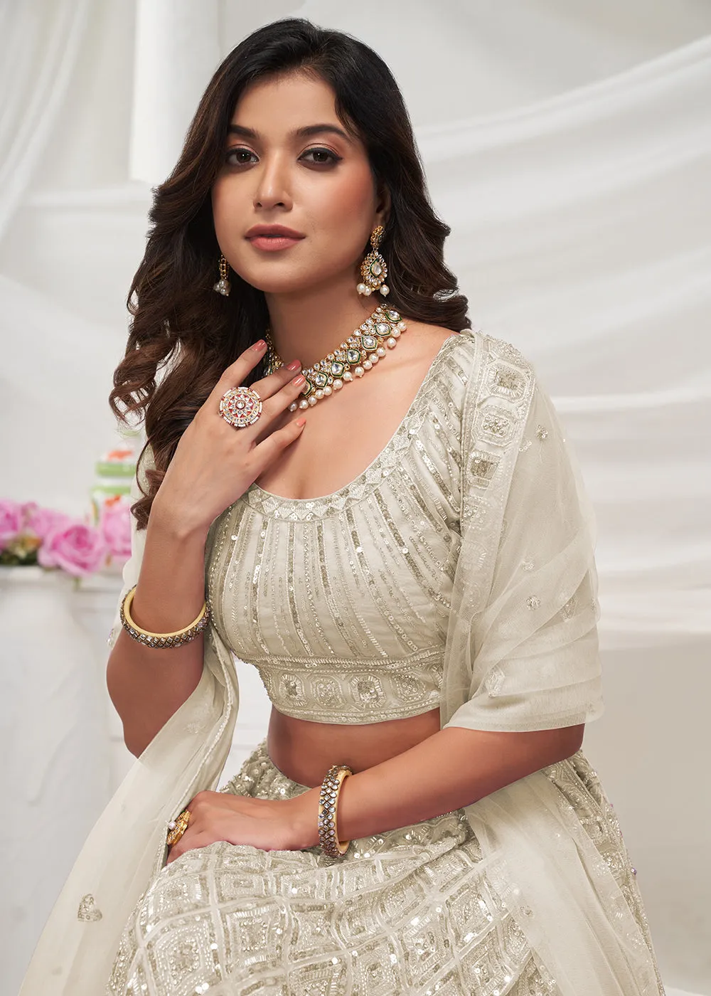 Pearled Ivory White Heavy Embroidered Bridal Lehenga Choli