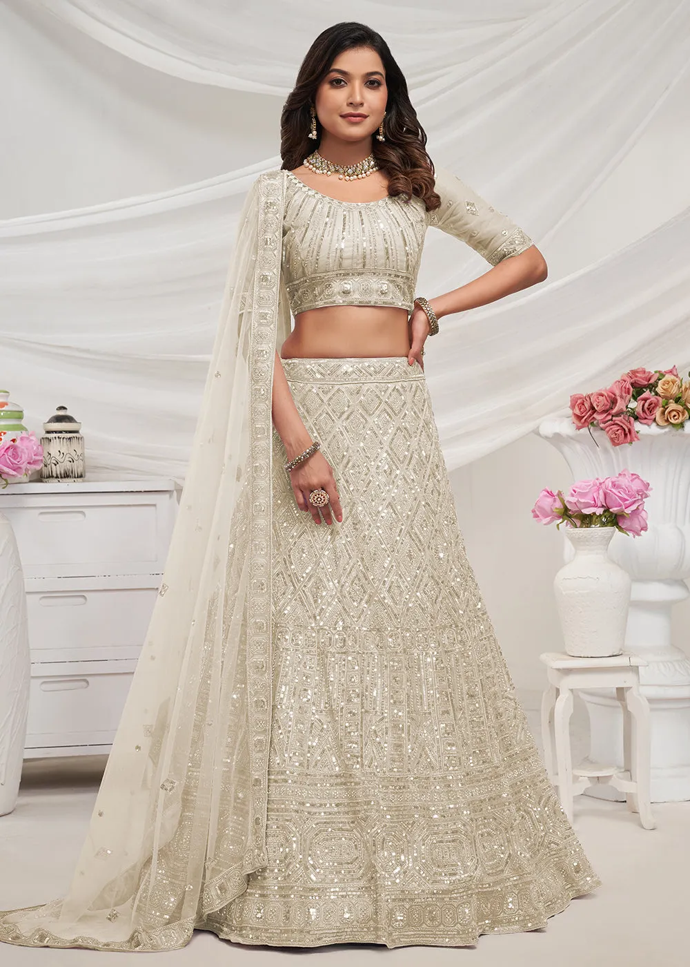 Pearled Ivory White Heavy Embroidered Bridal Lehenga Choli