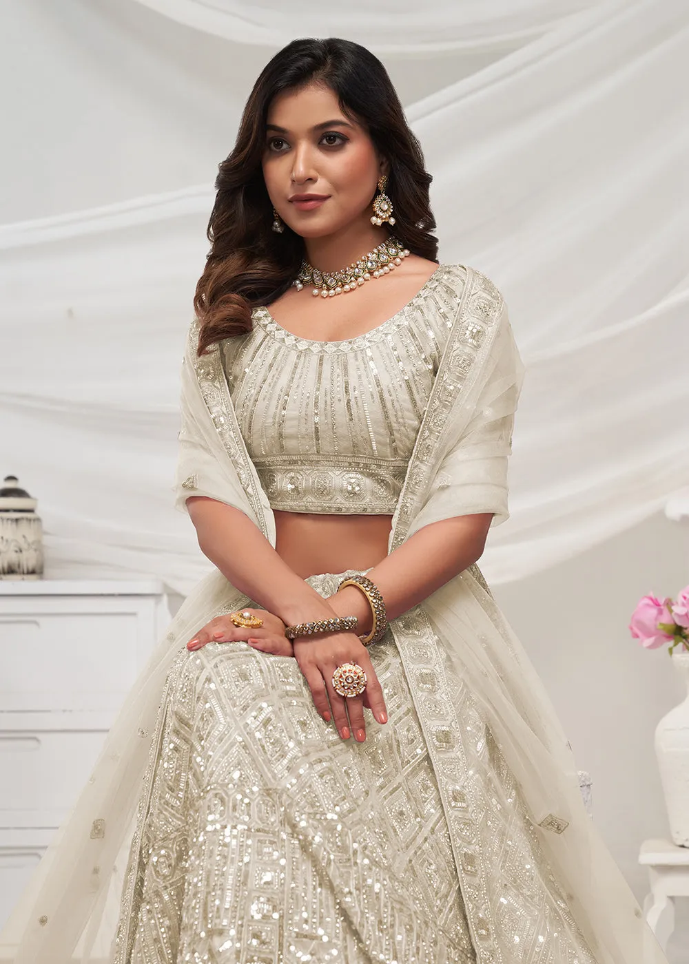 Pearled Ivory White Heavy Embroidered Bridal Lehenga Choli