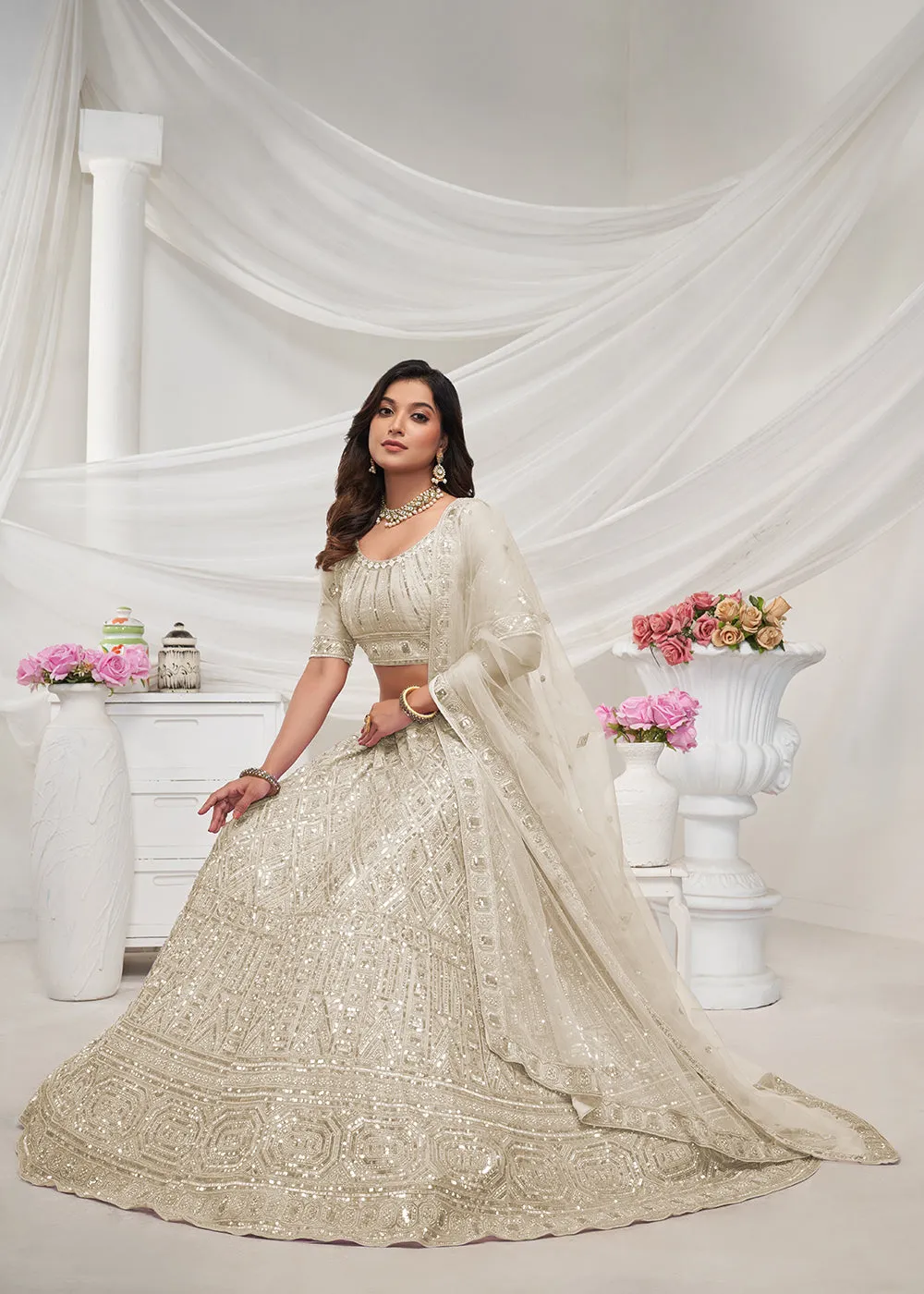 Pearled Ivory White Heavy Embroidered Bridal Lehenga Choli
