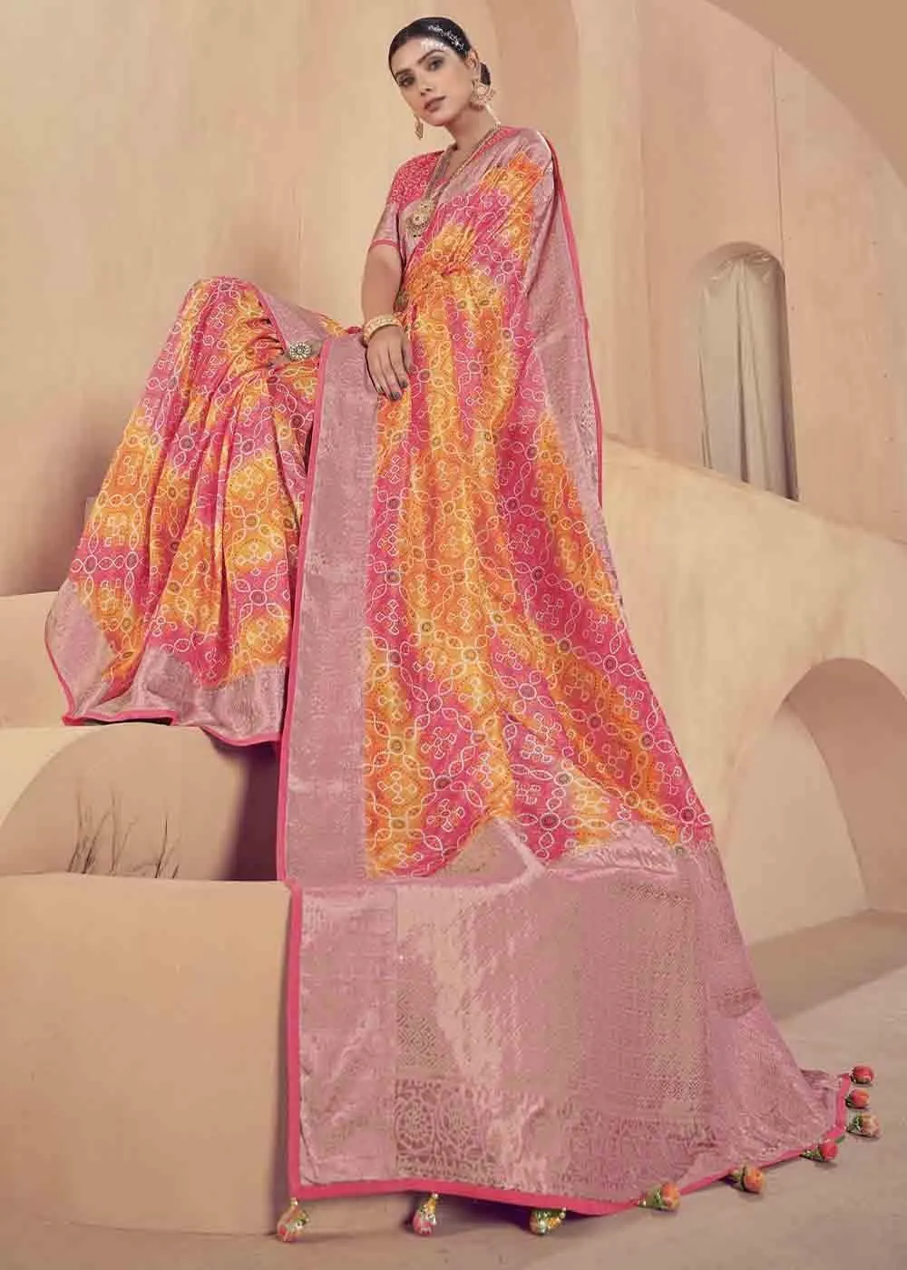 Pink & Yellow Zari Woven Raw Silk Saree | Stitched Blouse