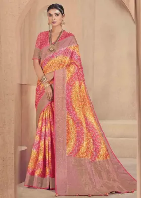 Pink & Yellow Zari Woven Raw Silk Saree | Stitched Blouse
