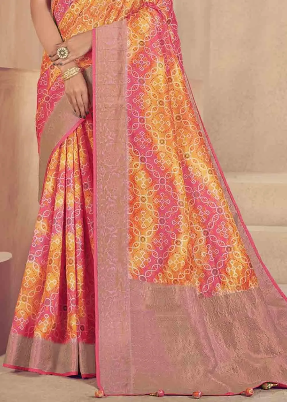 Pink & Yellow Zari Woven Raw Silk Saree | Stitched Blouse