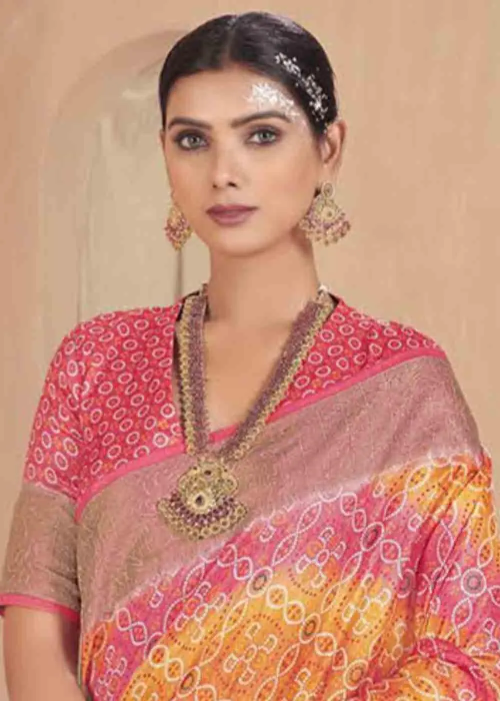Pink & Yellow Zari Woven Raw Silk Saree | Stitched Blouse