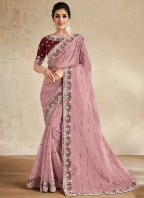 Pink And Wine Embroidered Traditional Wedding Saree