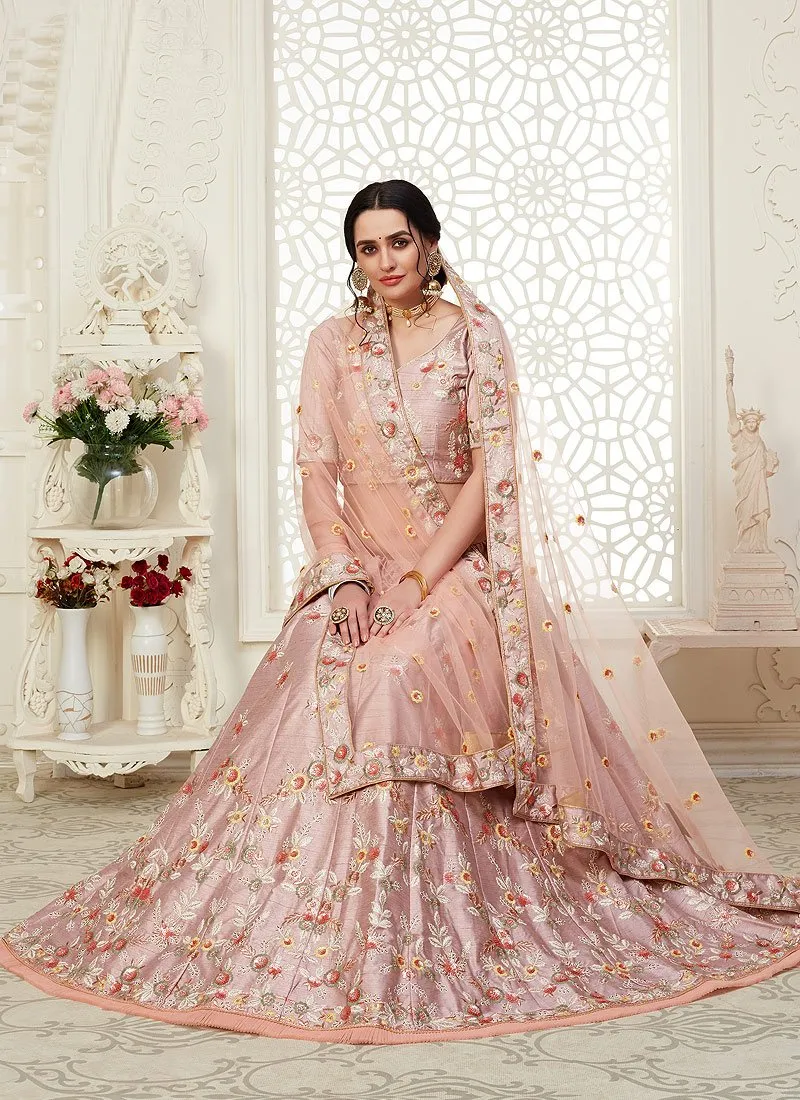 Pink Frilled Embroidered Art Silk Lehenga Choli