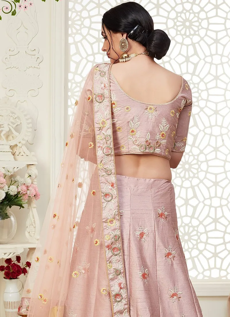 Pink Frilled Embroidered Art Silk Lehenga Choli