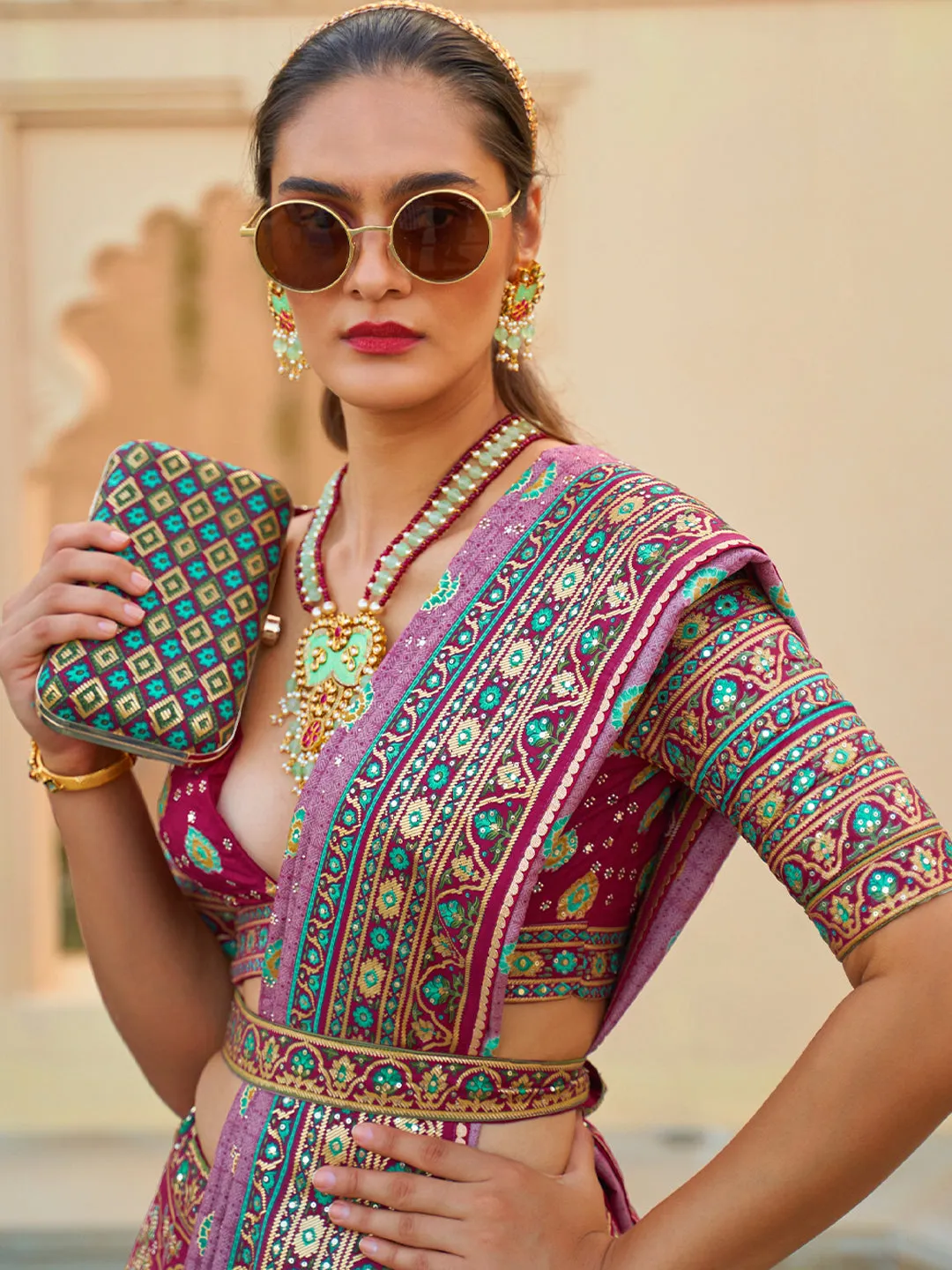 Pink-Purple Silk Lehenga Choli With Mirror Work