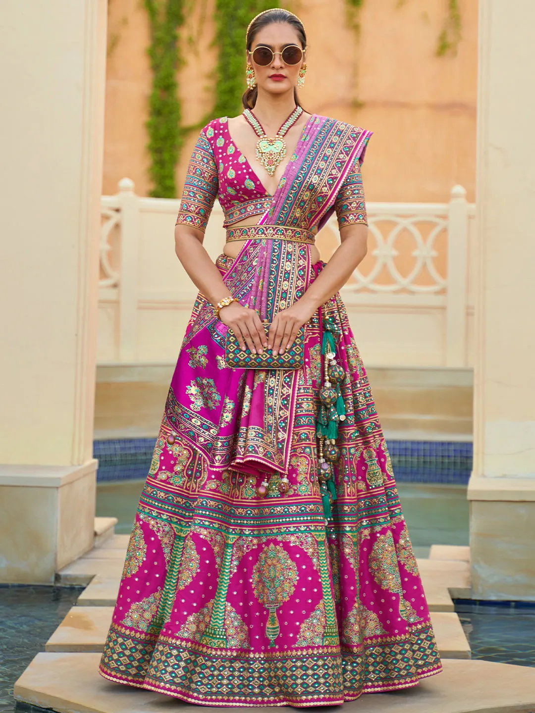 Pink-Purple Silk Lehenga Choli With Mirror Work
