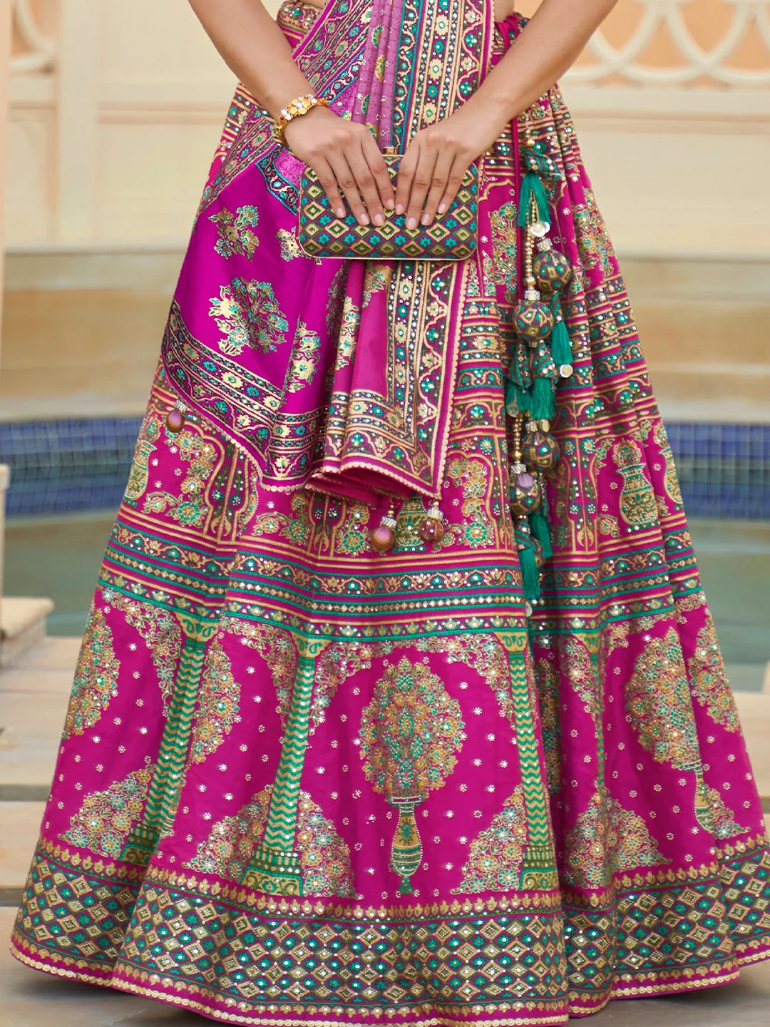 Pink-Purple Silk Lehenga Choli With Mirror Work
