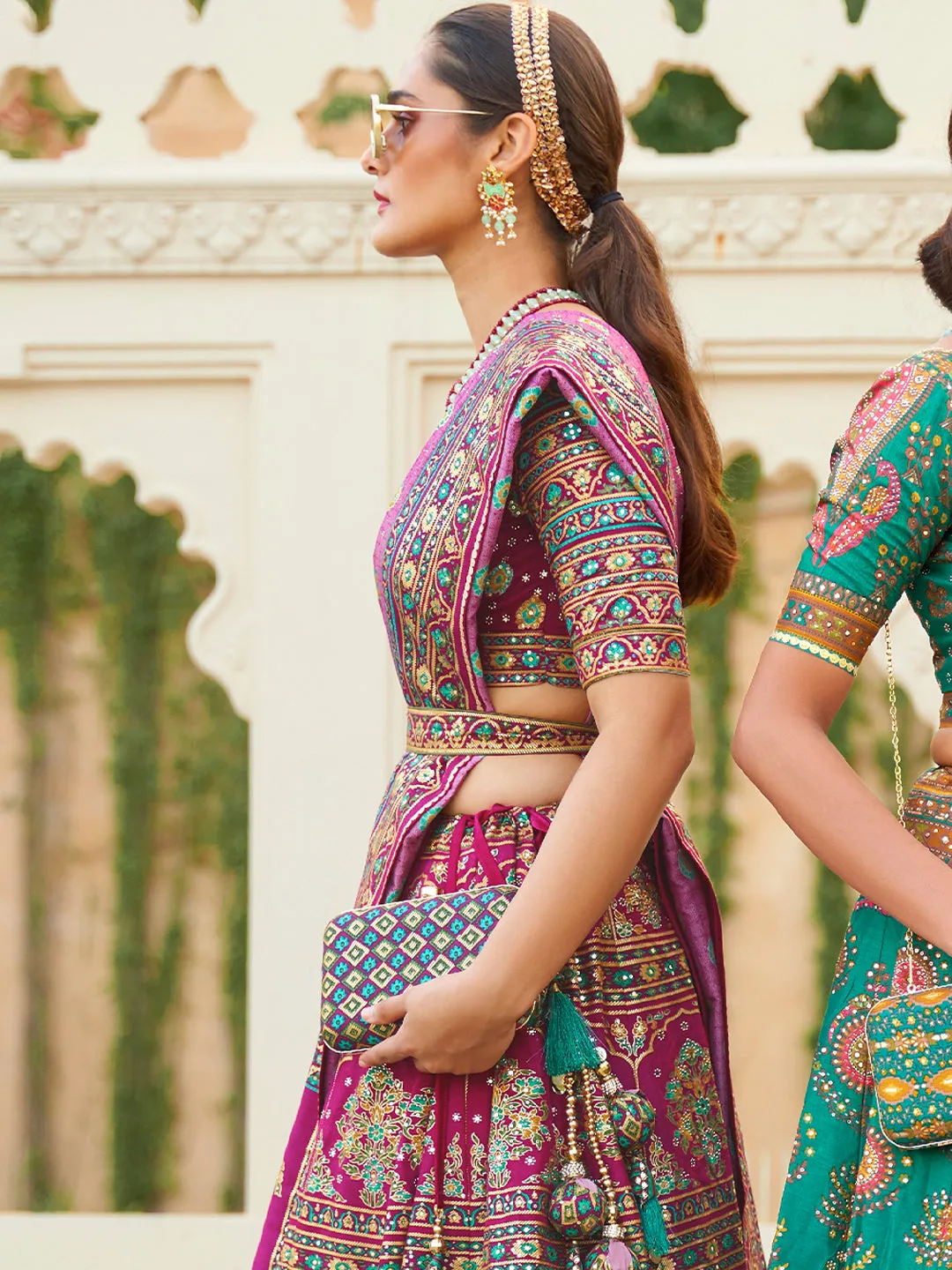 Pink-Purple Silk Lehenga Choli With Mirror Work