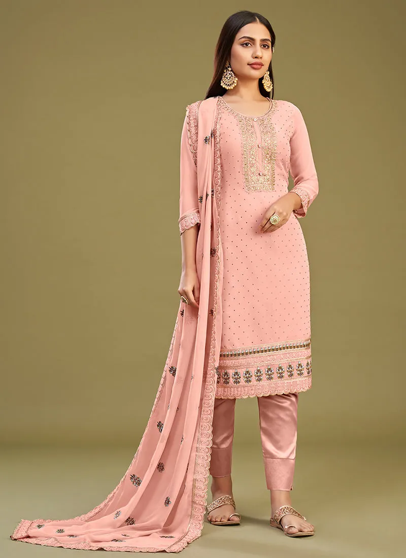 Pink Thread Embroidery Pakistani Style Pant Suit