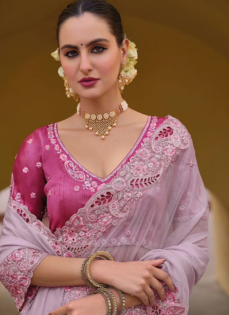Pink Two Tone Multi Embroidery Wedding Organza Silk Saree