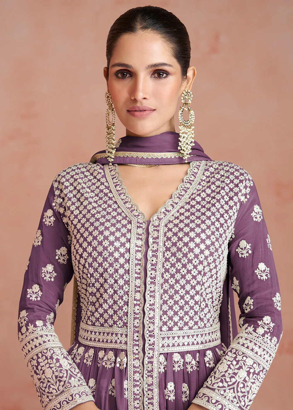 Plum Purple Slit Style Embroidered Georgette Skirt Anarkali Suit
