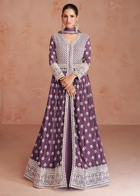 Plum Purple Slit Style Embroidered Georgette Skirt Anarkali Suit