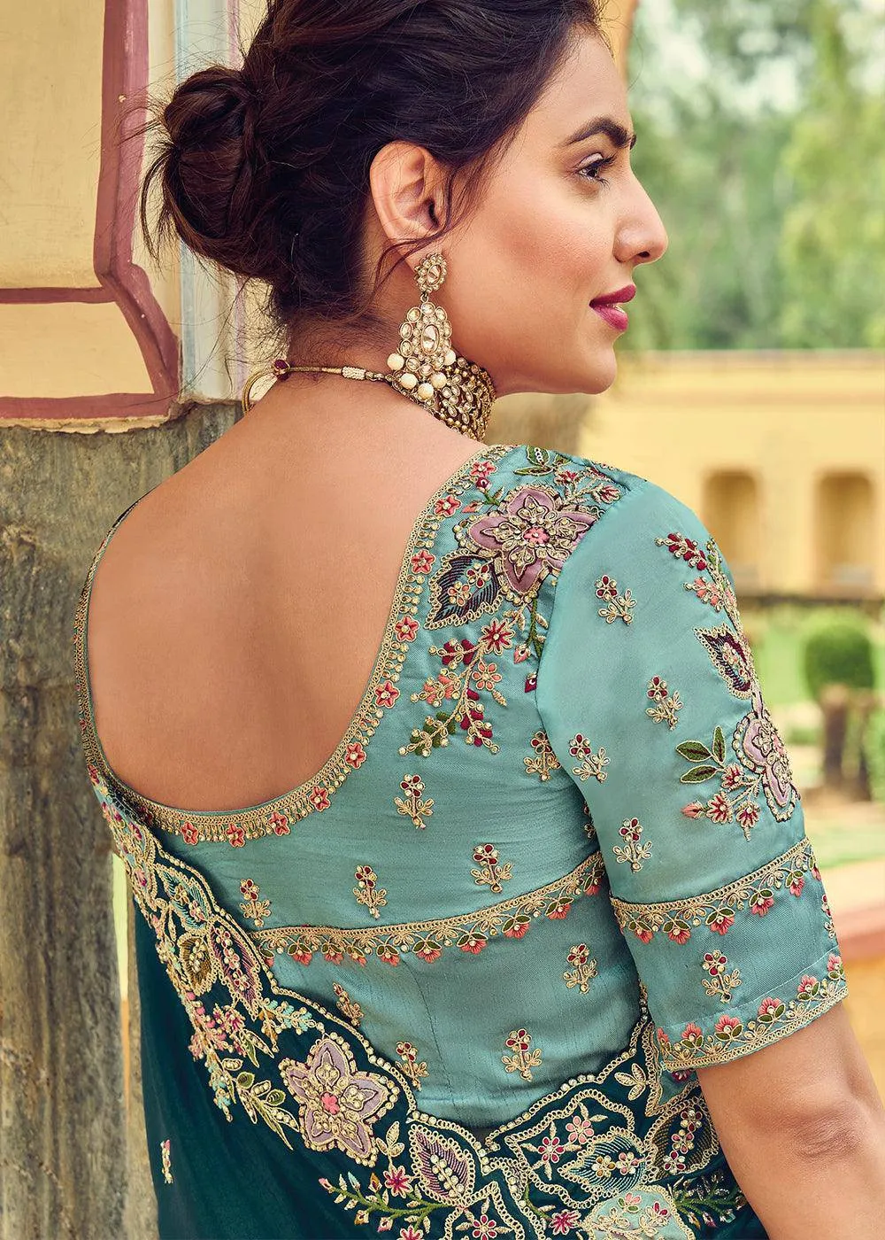 Prussian Blue Organza Saree with Embroidery