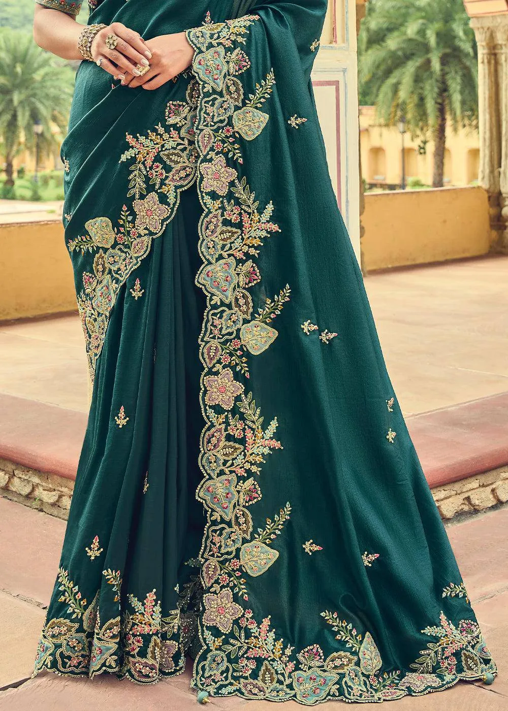 Prussian Blue Organza Saree with Embroidery