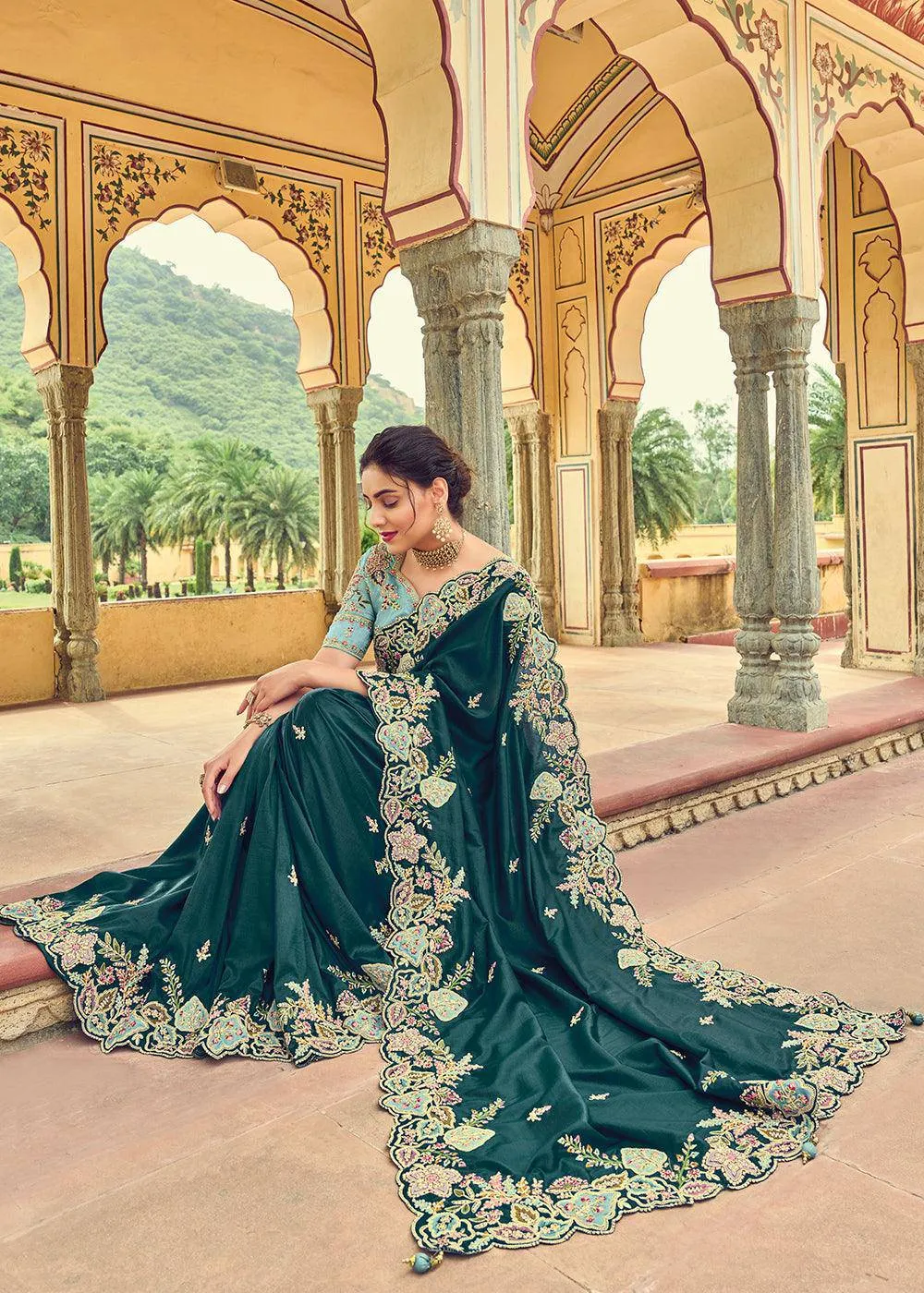 Prussian Blue Organza Saree with Embroidery