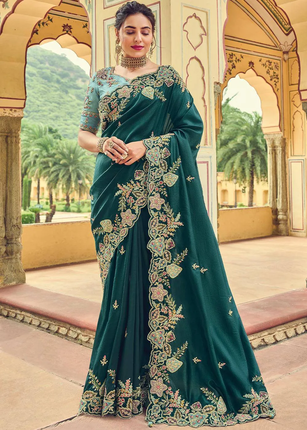 Prussian Blue Organza Saree with Embroidery