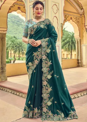Prussian Blue Organza Saree with Embroidery