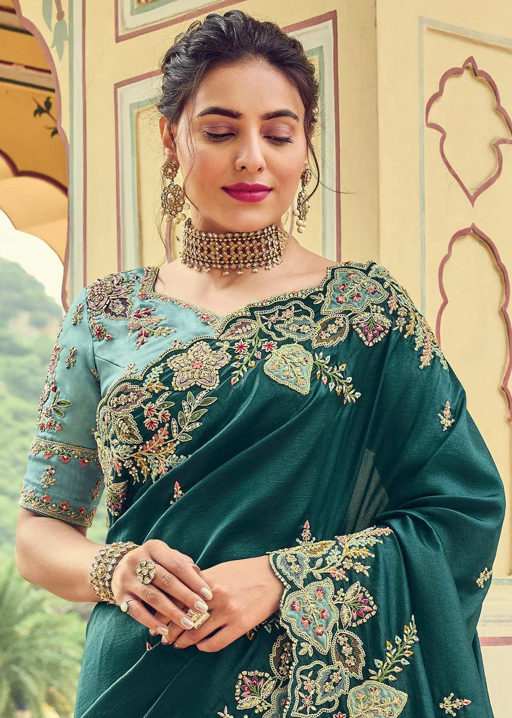Prussian Blue Organza Saree with Embroidery
