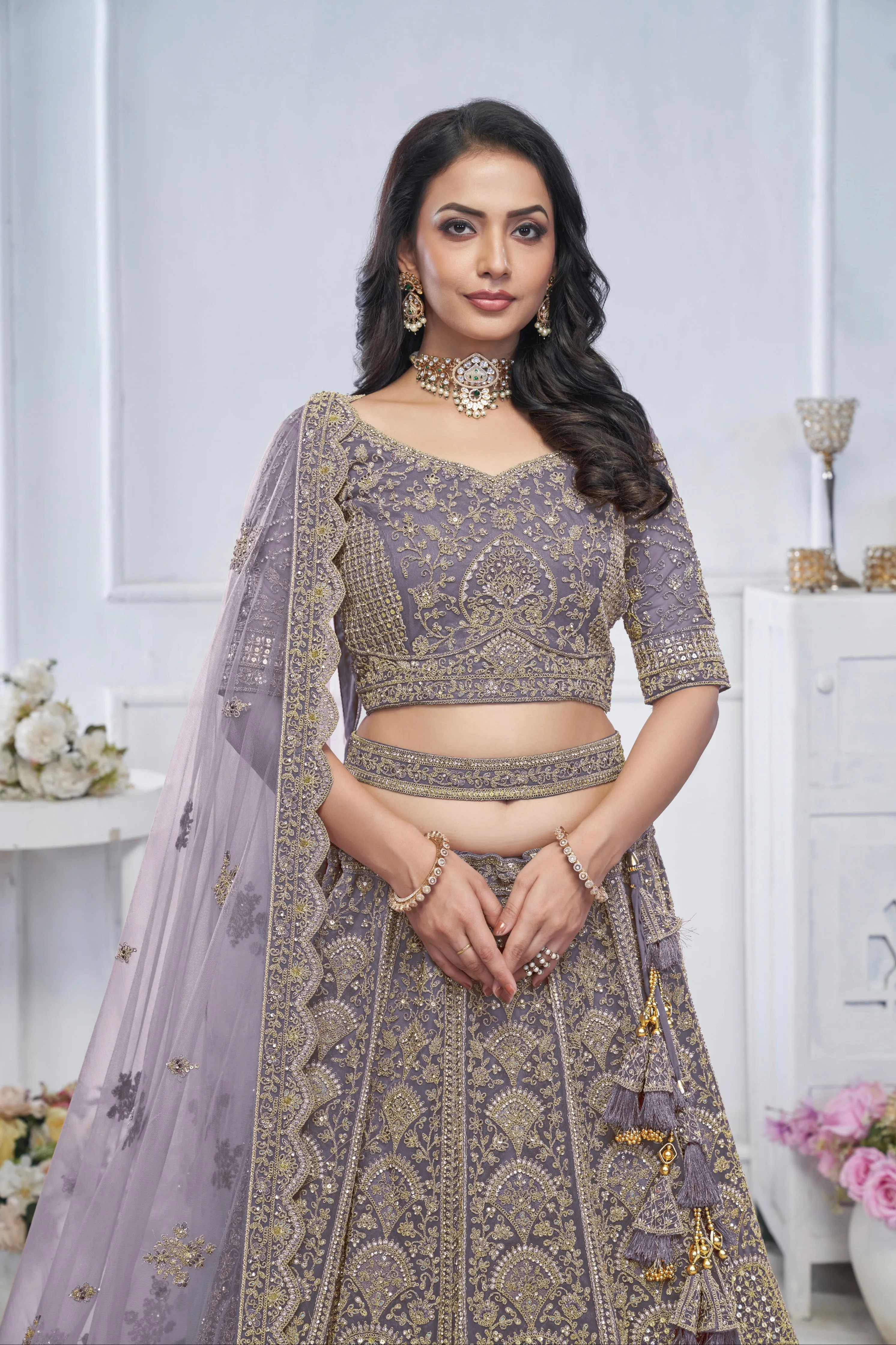 Purple Soft Net Lehenga with Sequins, Zari & Paisley Motifs