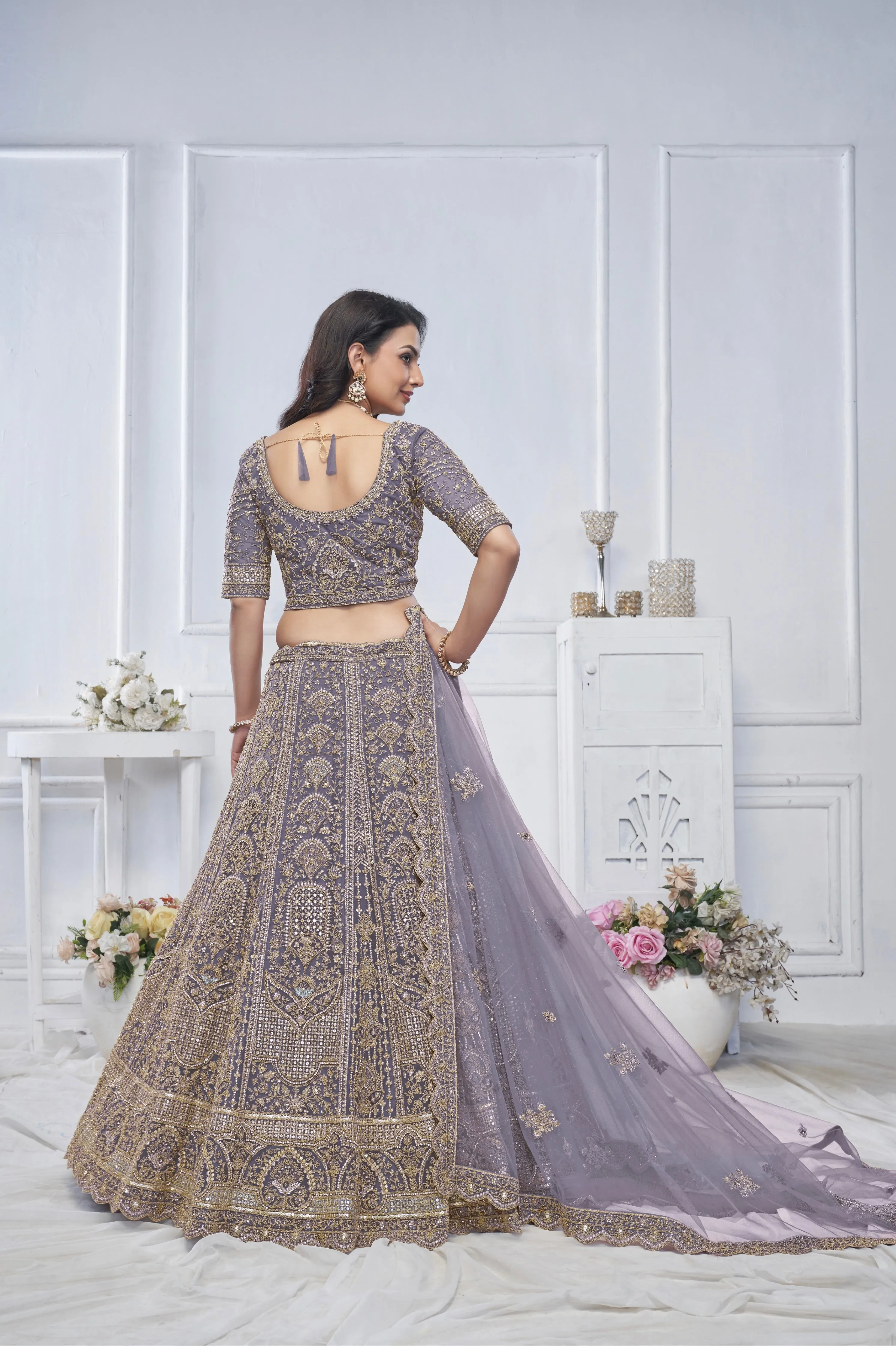 Purple Soft Net Lehenga with Sequins, Zari & Paisley Motifs