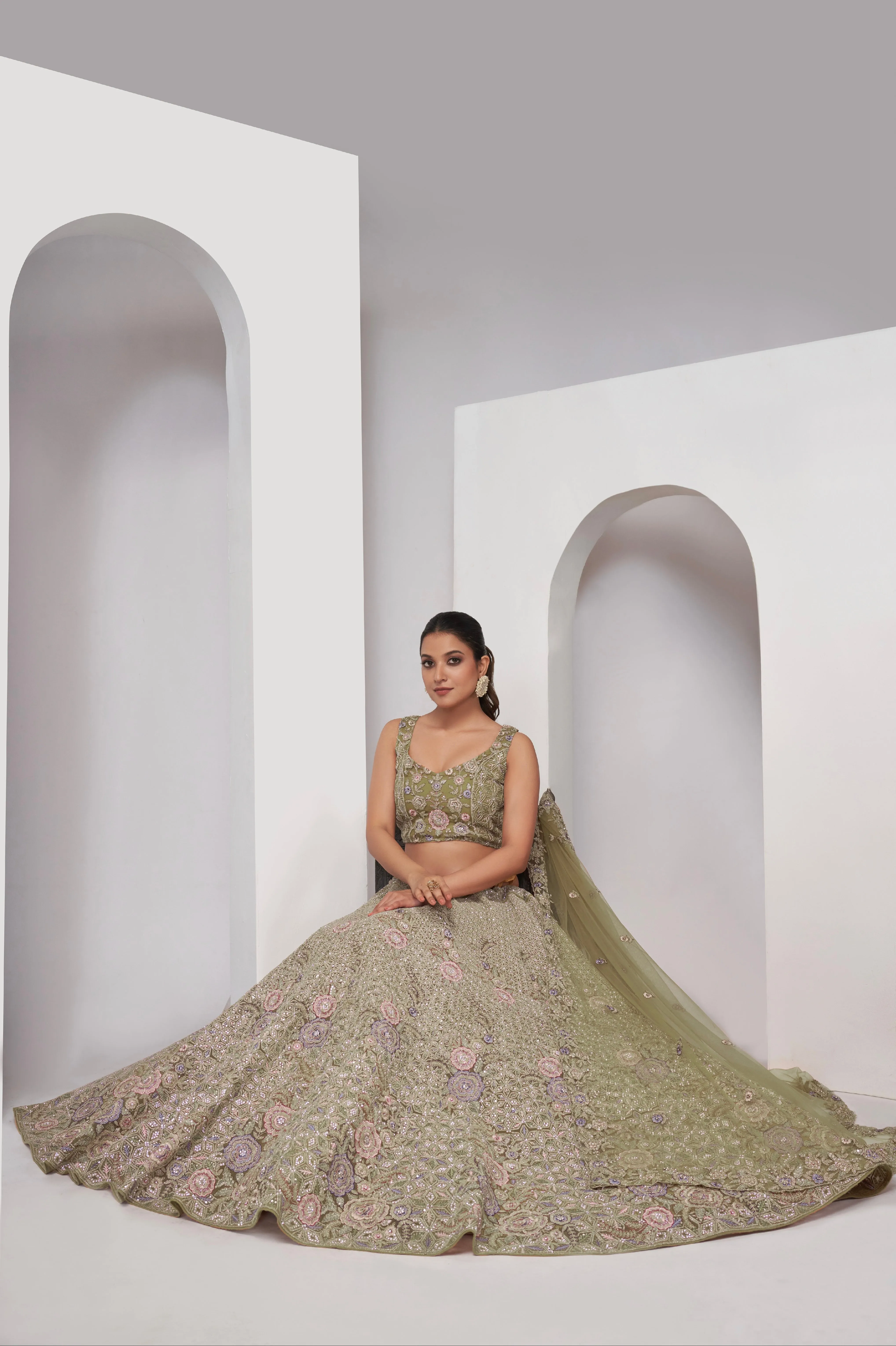 Regal Green Bridal Lehenga with Zari Embroidery & Sequin Work