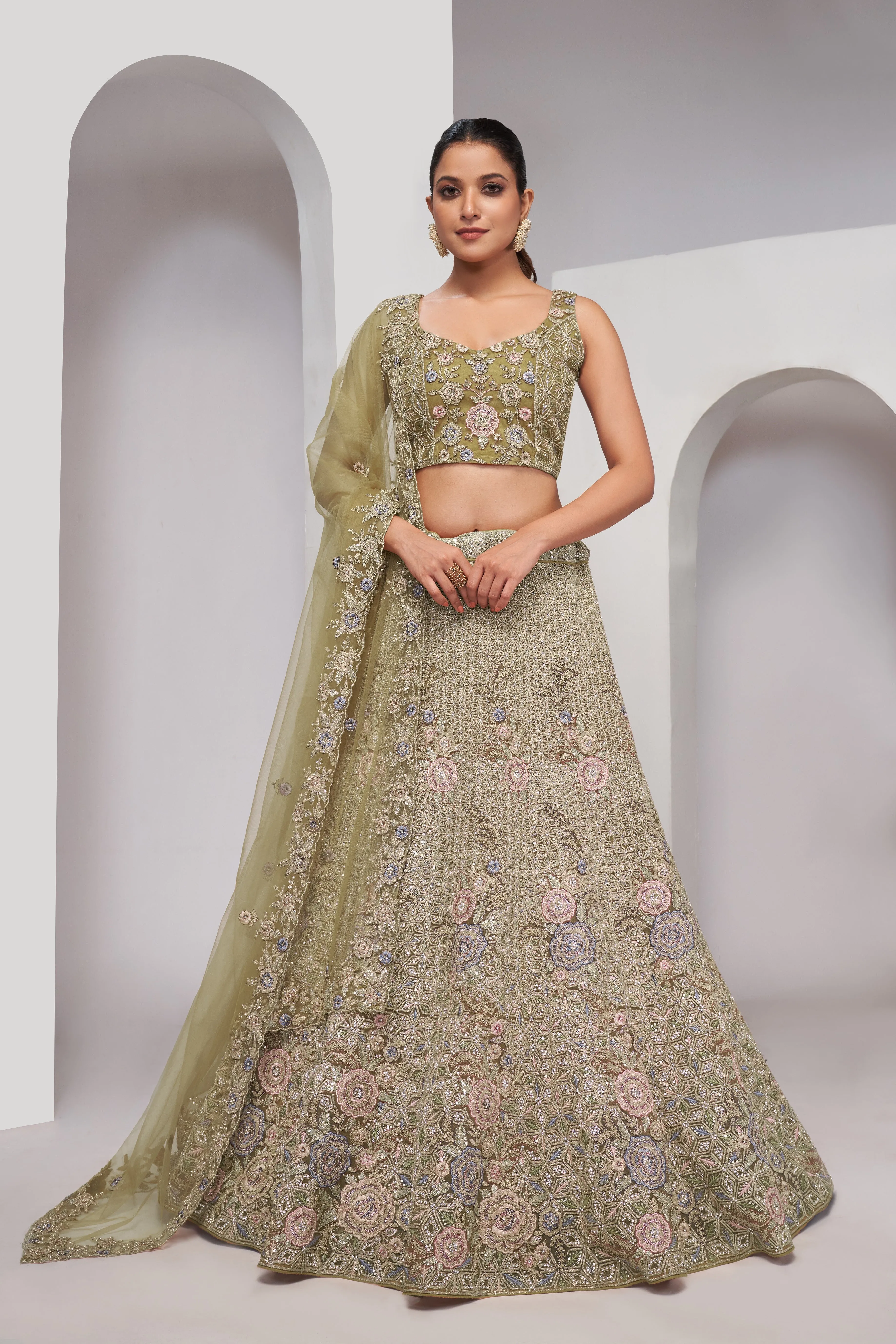 Regal Green Bridal Lehenga with Zari Embroidery & Sequin Work