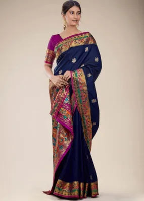 Royal Blue Woven Paithani Silk Saree | Stitched Blouse