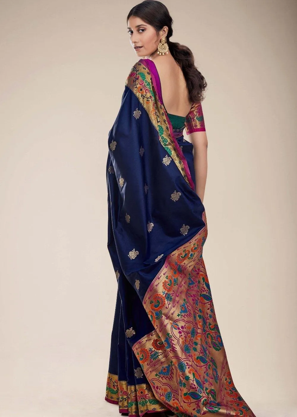 Royal Blue Woven Paithani Silk Saree | Stitched Blouse