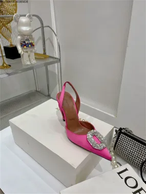 Satin Camelia Slingback Mules rystal buckles highlight sharp pointed toe slingback strap bridal ladies luxury Amina Muaddi shoes