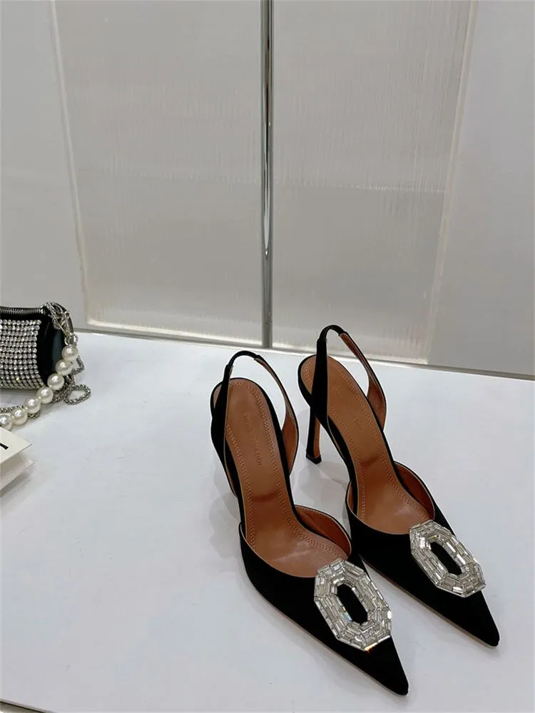 Satin Camelia Slingback Mules rystal buckles highlight sharp pointed toe slingback strap bridal ladies luxury Amina Muaddi shoes