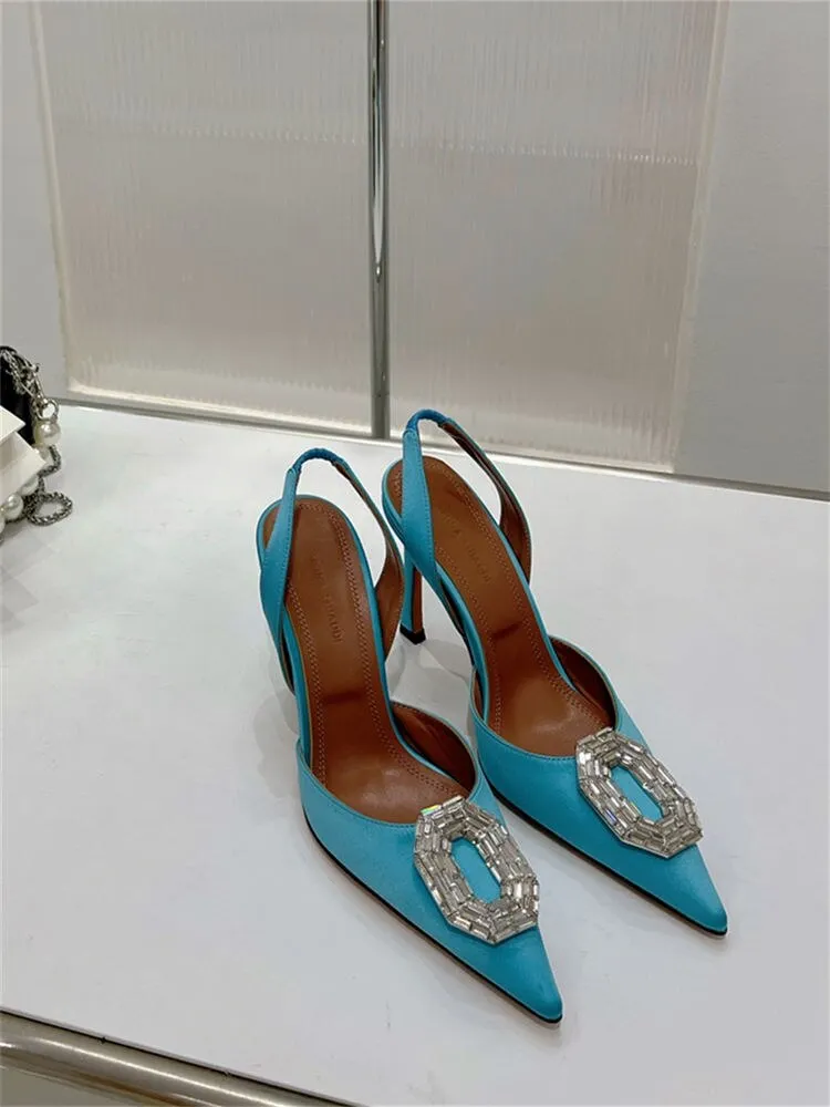 Satin Camelia Slingback Mules rystal buckles highlight sharp pointed toe slingback strap bridal ladies luxury Amina Muaddi shoes