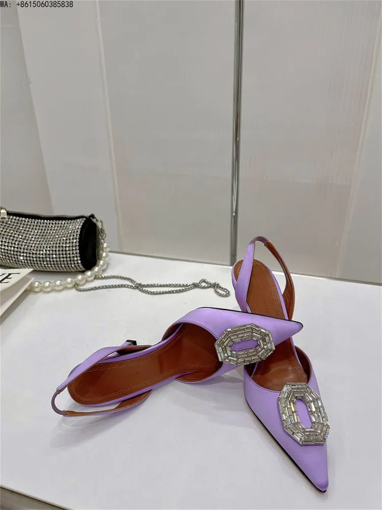 Satin Camelia Slingback Mules rystal buckles highlight sharp pointed toe slingback strap bridal ladies luxury Amina Muaddi shoes