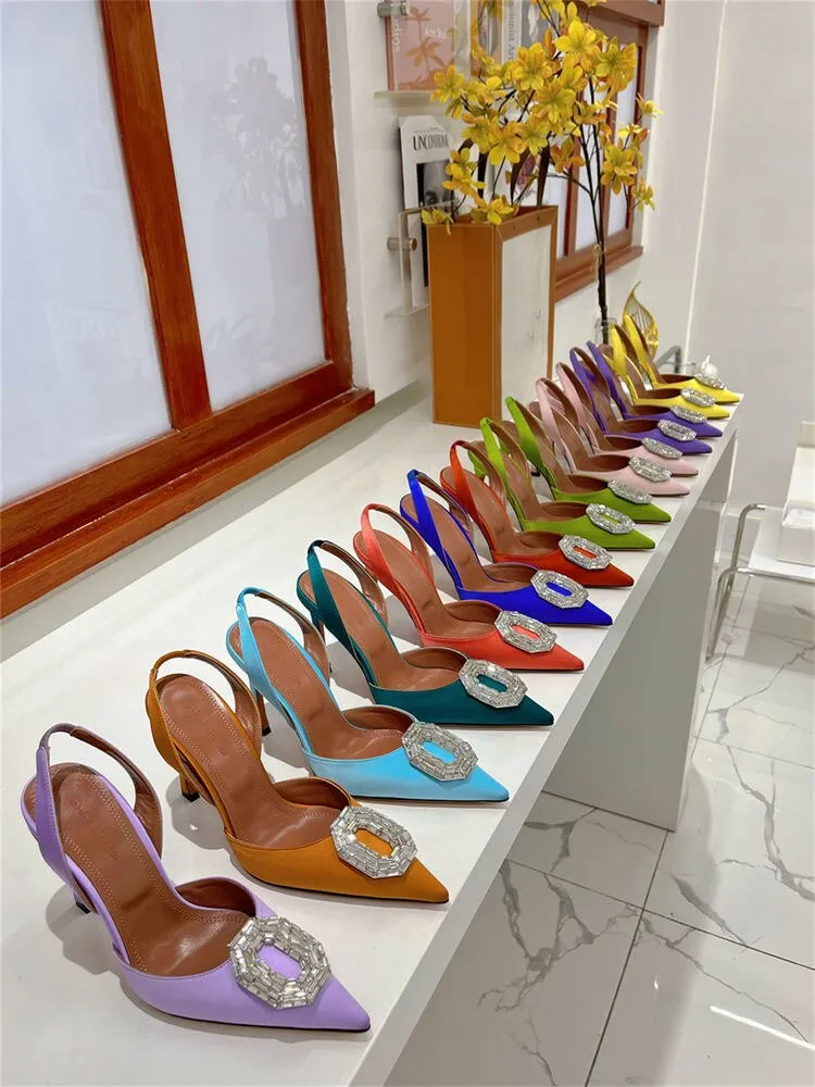 Satin Camelia Slingback Mules rystal buckles highlight sharp pointed toe slingback strap bridal ladies luxury Amina Muaddi shoes