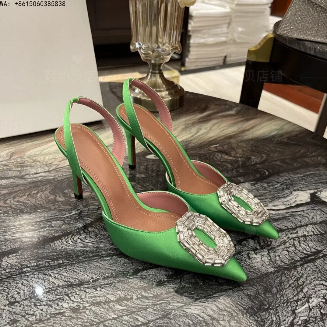 Satin Camelia Slingback Mules rystal buckles highlight sharp pointed toe slingback strap bridal ladies luxury Amina Muaddi shoes