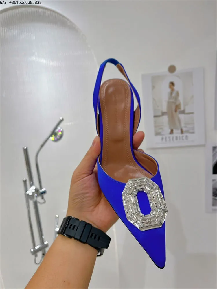 Satin Camelia Slingback Mules rystal buckles highlight sharp pointed toe slingback strap bridal ladies luxury Amina Muaddi shoes